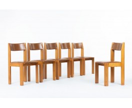 Luigi Gorgoni chairs in elm and leather edition Roche Bobois 1970 set of 6