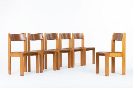 Chaises Luigi Gorgoni en orme et cuir édition Roche Bobois 1970 set de 6