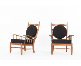 Armchairs in oak and terry fabric 1950 set of 2
