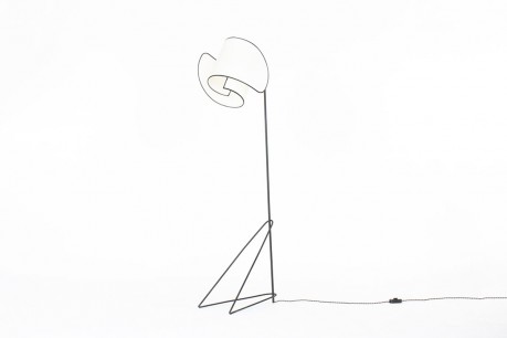 Tripod french floor lamp black metal and paper lampshade 1950