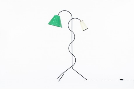 Floor lamp in black metal and beige lampshade minimalist design 1950