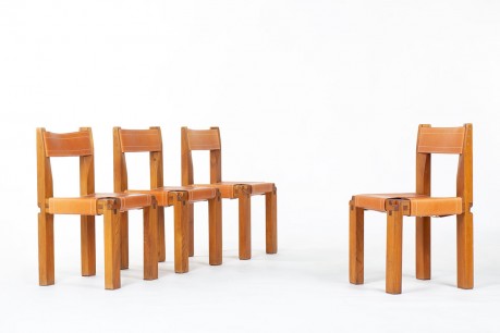 Pierre Chapo chairs model S11 in elm and leather 1980 set of 4