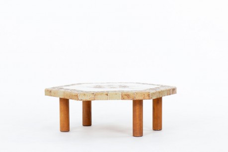 Table basse Roger Capron chêne et céramique 1960