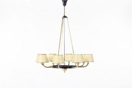 Pendant lamp 8 lights black metal and brass 1950
