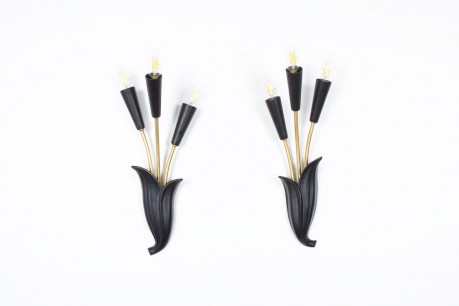 Wall lights with 3-arm black metal and brass 1950 set of 2