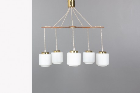 5-light pendant light in teak and opaline 1950