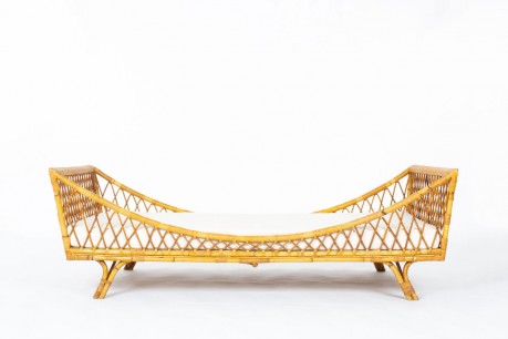 Daybed in rattan and beige fabric 1950