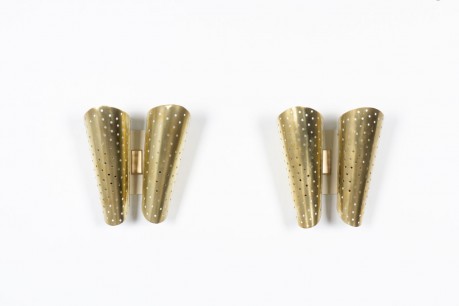Double wall lights perforated brass 1950 set of 2