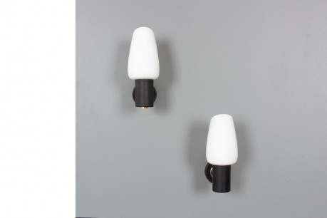 Wall lamps in black, brass and opaline edition Arlus 1950 set of 2
