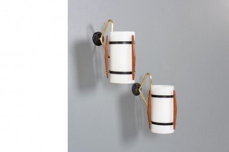 Wall lights in metal, teak, brass and opaline 1950 set of 2