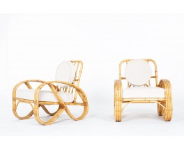 Rattan armchairs and beige velvet fabric cushions 1950 set of 2