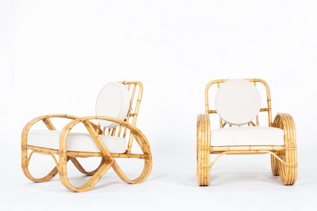 Fauteuils en rotin et coussins tissu velours beige 1950 set de 2