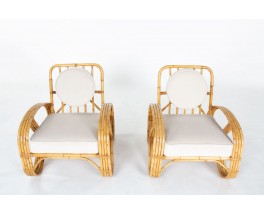 Rattan armchairs and beige velvet fabric cushions 1950 set of 2