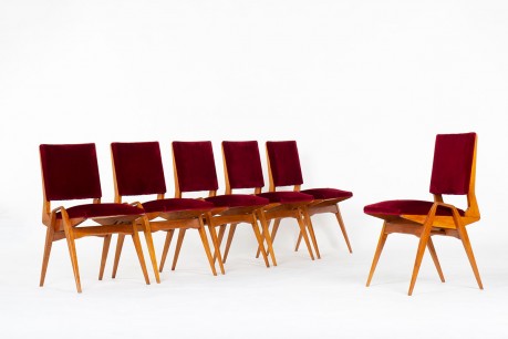 Maurice Pre chairs in mahogany and velvet 1950 set of 6