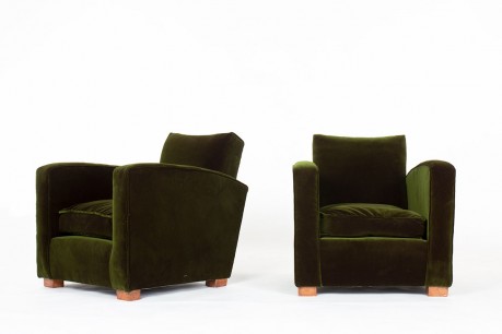 Armchairs in green velvet and oak Art Deco design 1930 set of 2