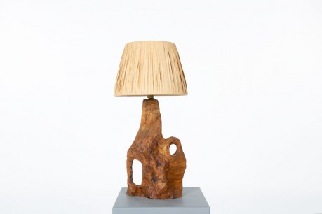 Lampe en olivier et abat-jour en raphia 1950