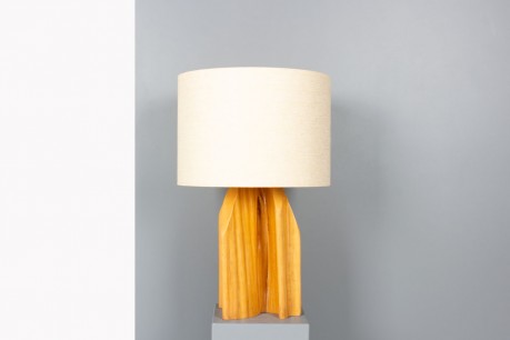 Lampe en bois et abat-jour papier design brutaliste 1950