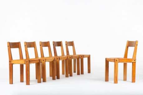 Pierre Chapo chairs model S24 in elm and brown leather 1980 set of 6