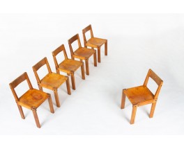 Chaises Pierre Chapo modèle S24 en orme et cuir marron 1980 set of 6