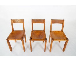 Pierre Chapo chairs model S24 in elm and brown leather 1980 set of 6
