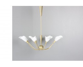 Suspension 8 feux laiton et opaline 1950