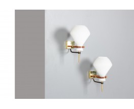 Wall lights in teak, brass and opaline 1950 set of 2