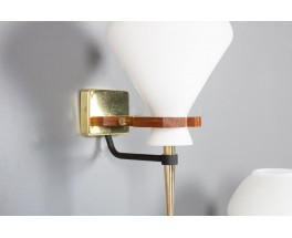 Appliques en teck, laiton et opaline 1950 set de 2