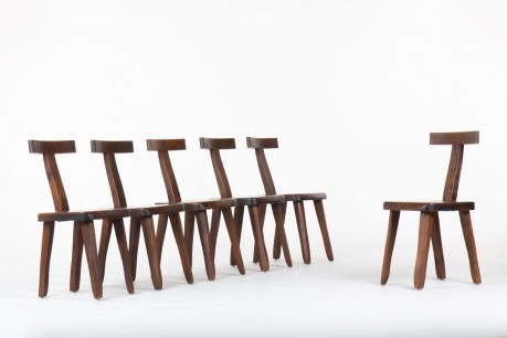 Chairs in elm T-back brutalist design 1950 set of 6