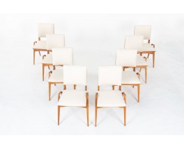 Chaises Maurice Pré en hêtre teinté et tissu beige 1950 set de 8