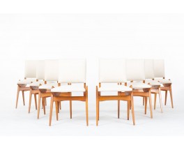 Chaises Maurice Pré en hêtre teinté et tissu beige 1950 set de 8