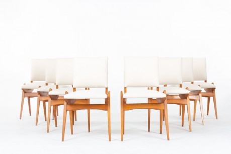 Chaises Maurice Pré en hêtre teinté et tissu beige 1950 set de 8