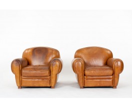 Art Deco design brown leather club armchairs set of 2