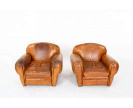 Art Deco design brown leather club armchairs set of 2