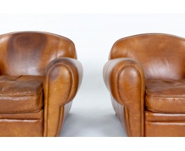 Art Deco design brown leather club armchairs set of 2