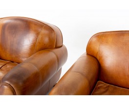 Art Deco design brown leather club armchairs set of 2