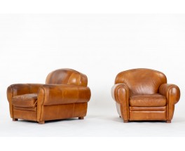 Fauteuils club cuir marron Art Deco design set de 2