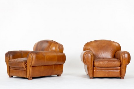 Fauteuils club cuir marron Art Deco design set de 2