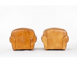 Art Deco design brown leather club armchairs set of 2