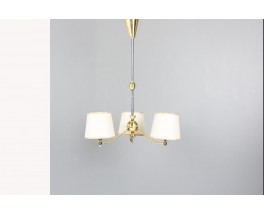Suspension vintage 3 feux en laiton, métal et verre – Années 50