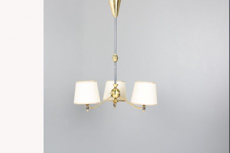 Suspension vintage 3 feux en laiton, métal et verre – Années 50