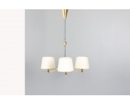 Suspension vintage 3 feux en laiton, métal et verre – Années 50
