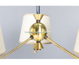 Suspension vintage 3 feux en laiton, métal et verre – Années 50