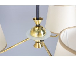 Suspension vintage 3 feux en laiton, métal et verre – Années 50