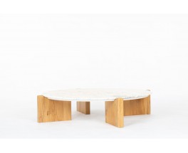 Table basse ronde – marbre Calacatta 1970 et piètement en chêne sur-mesure