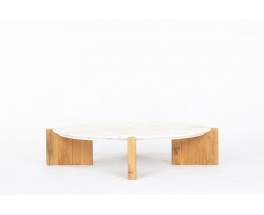 Table basse ronde – marbre Calacatta 1970 et piètement en chêne sur-mesure