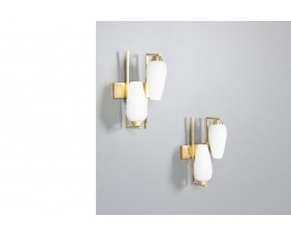 Paire d’Appliques Murales en Laiton et Verre Opaline – Design Mid-Century