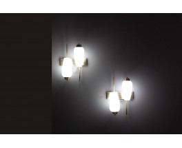 Paire d’Appliques Murales en Laiton et Verre Opaline – Design Mid-Century