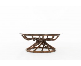 Table basse Bernard Govin modèle rond en bambou et verre édition Eguizier 1976