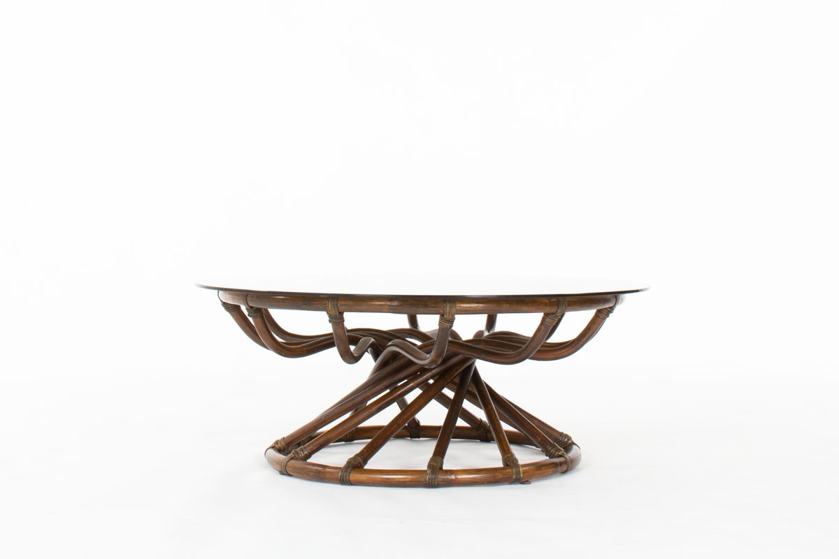 Table basse Bernard Govin modèle rond en bambou et verre édition Eguizier 1976