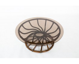 Table basse Bernard Govin modèle rond en bambou et verre édition Eguizier 1976